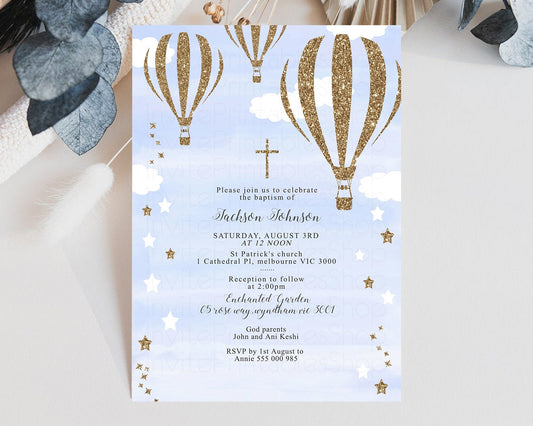 Hot Air Balloon Baptism Invitation Hot Air Balloon Christening Invite Blue Watercolor Invite Gold Cross Invite Hot Air Balloon Invite 402