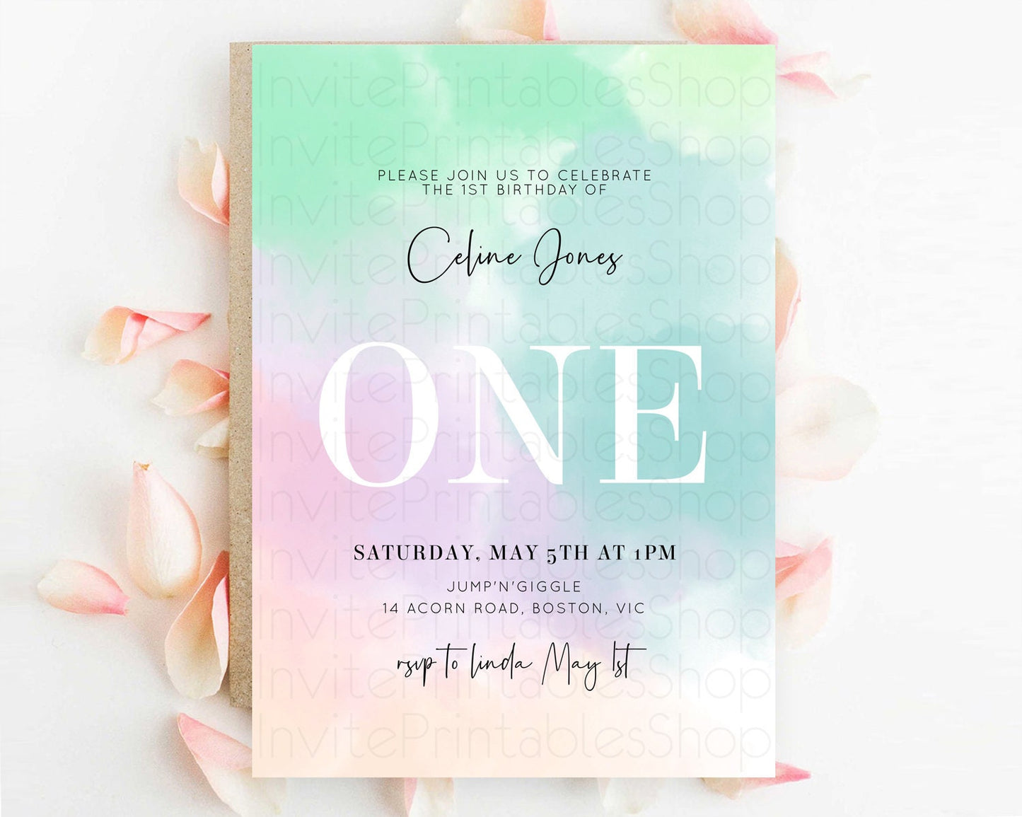 Rainbow Birthday Invitation Colorful Pastel Watercolor Invitation Gold Glitter Sprinkles Ombre Pastel 1st 2nd 3rd Birthday D10375