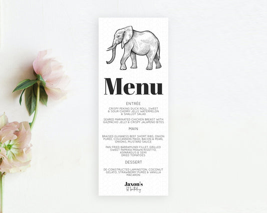 Editable Elephant Menu Elephant Menu Template Elephant Safari Zoo Table Deco