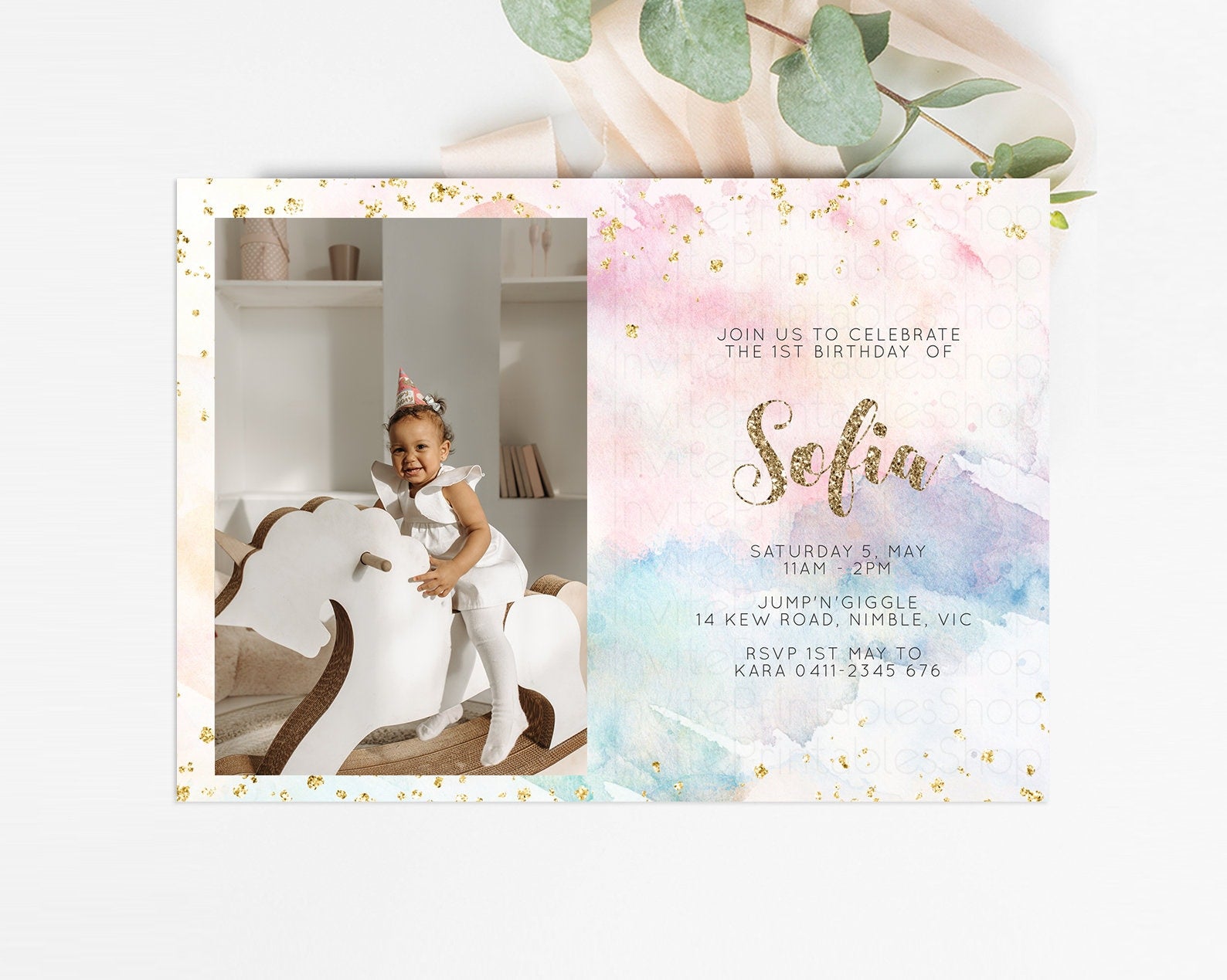 Editable Rainbow Birthday Invitation Glitter Pastel Invitation Photo Pastel