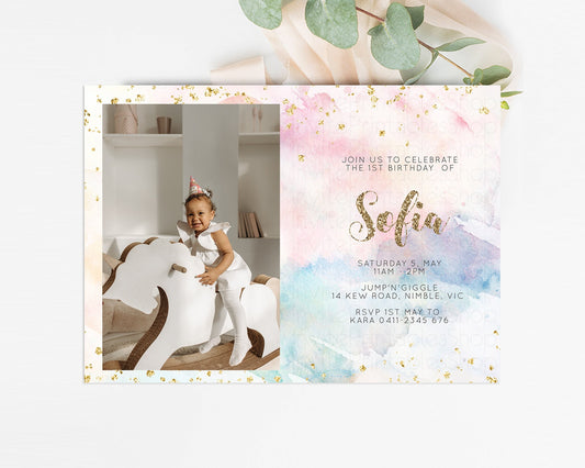 Editable Rainbow Birthday Invitation Glitter Pastel Invitation Photo Pastel