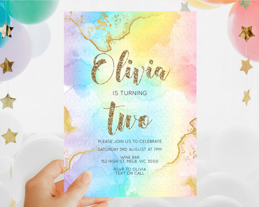 Rainbow Birthday Invitation Colorful Pastel Watercolor Invitation Gold Glitter Sprinkles Ombre Pastel 1st 2nd 3rd Birthday D10589