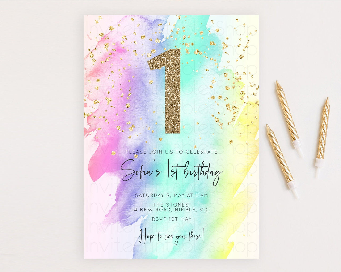 Editable Rainbow Birthday Invitation Colorful Pastel Watercolor Invitation G