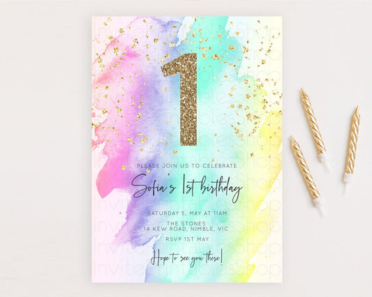 Editable Rainbow Birthday Invitation Colorful Pastel Watercolor Invitation G