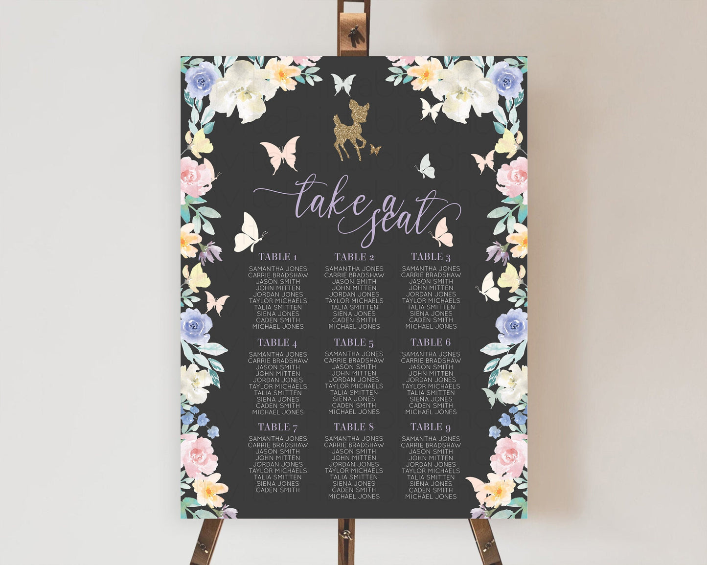 Fawn Seating Chart Deer Seating Chart Enchanted Forest Party Butterfly Pastel Flowers Whimsical Seating Chart Woodland Seating Sign D10323