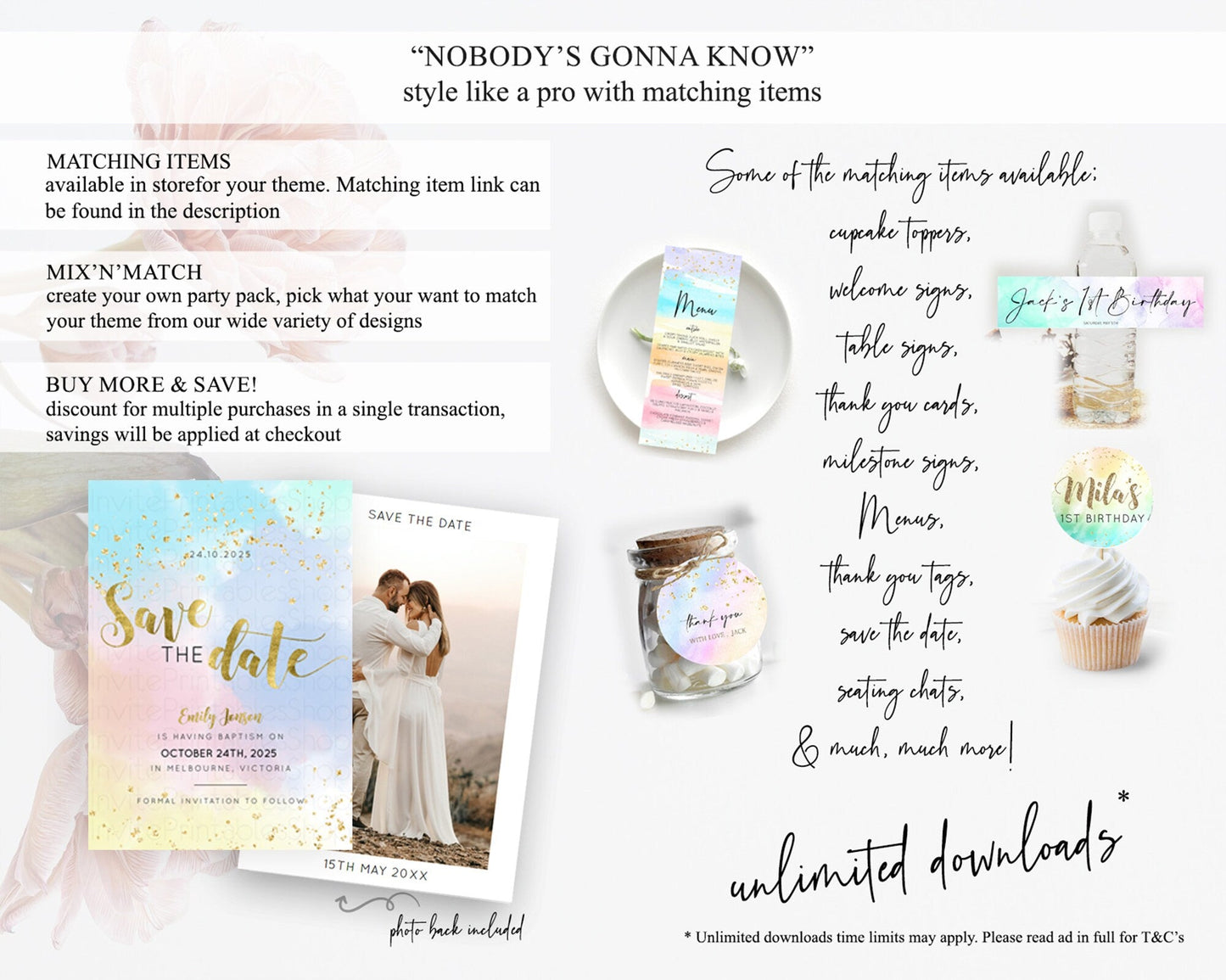 Pastel Save The Date Template Pastel Ombre Rainbow Watercolor Colorful Party For Birthday Baptism Baby Shower Wedding Bridal Shower D10892