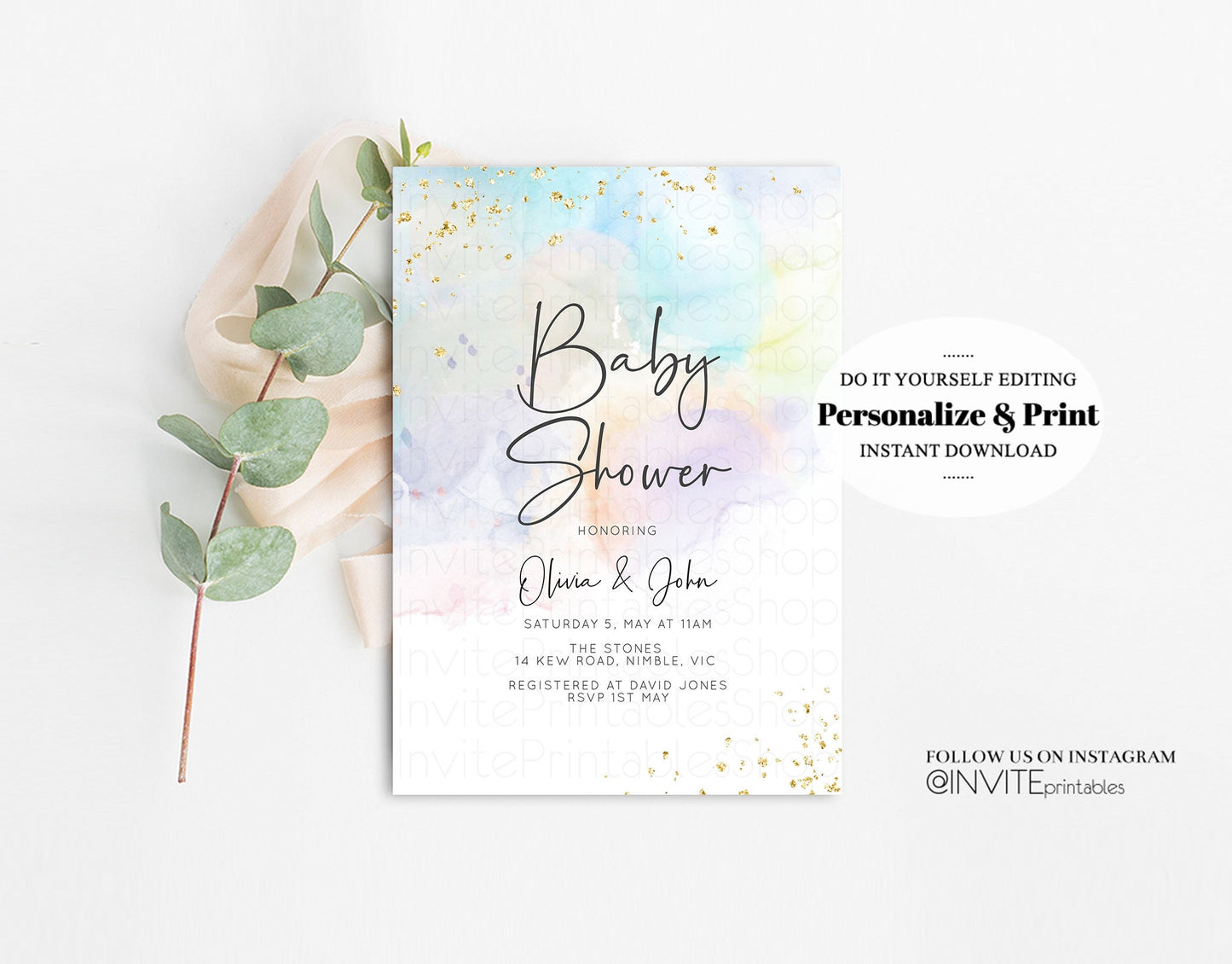 Rainbow Baby Shower Invitation Pastel Colorful Watercolor Gold Glitter Foil Sprinkles Confetti Gender Neutral Editable Instant Download 136