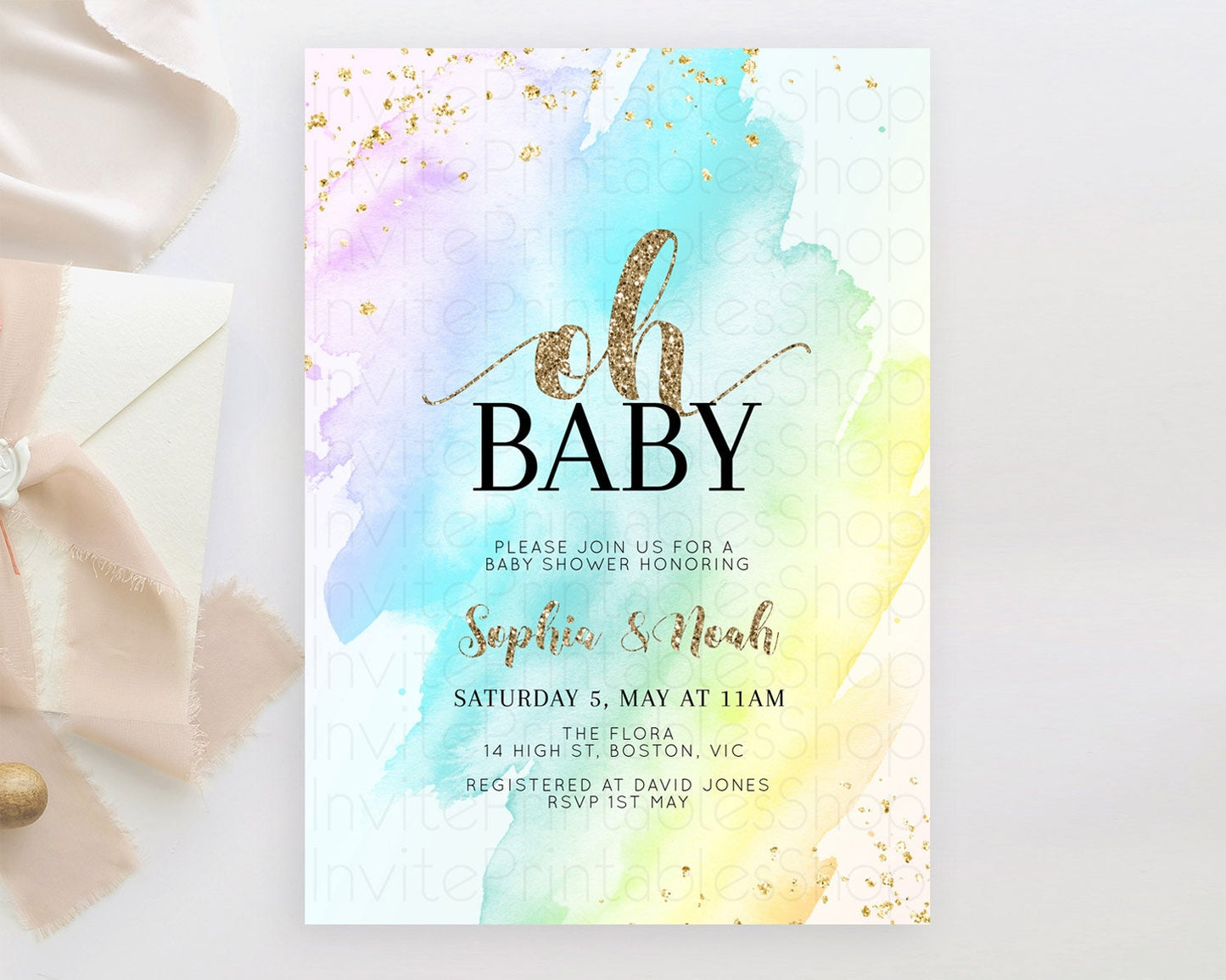 Pastel Baby Shower Invitation Rainbow Baby Shower Invitation Colorful Pastel Watercolor Invitation Gold Glitter Sprinkles Ombre D11026