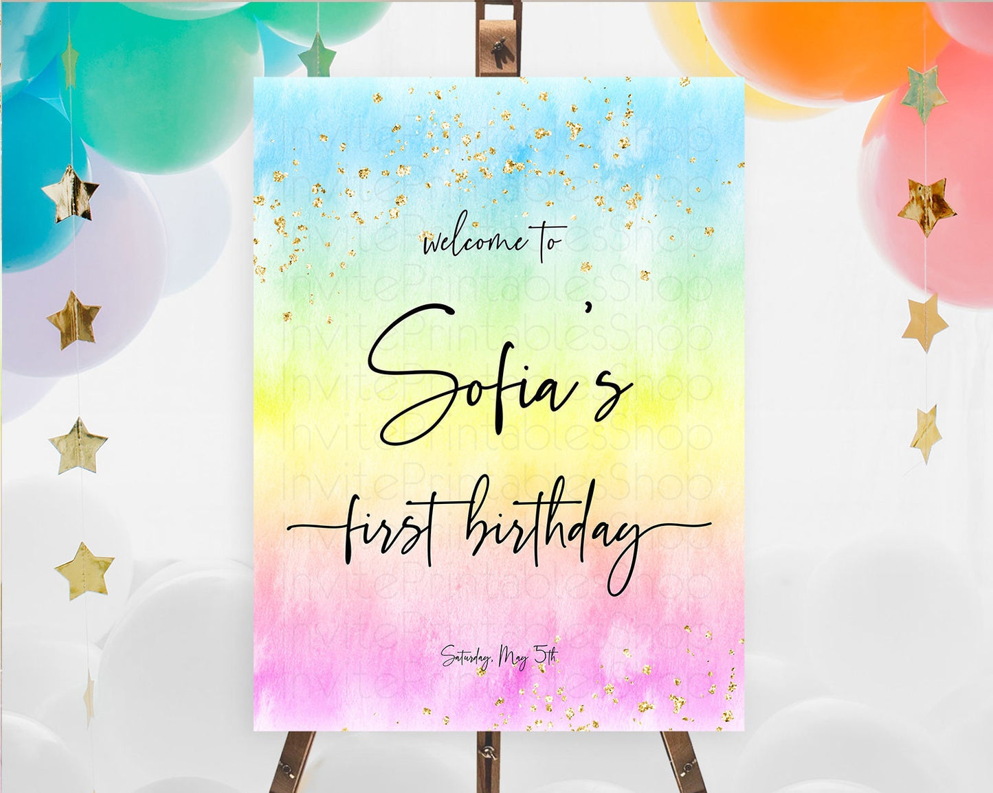 Pastel Welcome Sign Pastel Rainbow Welcome Sign Colorful Rainbow Confetti Watercolor Glitter Pastel First Birthday Welcome Sign D10480