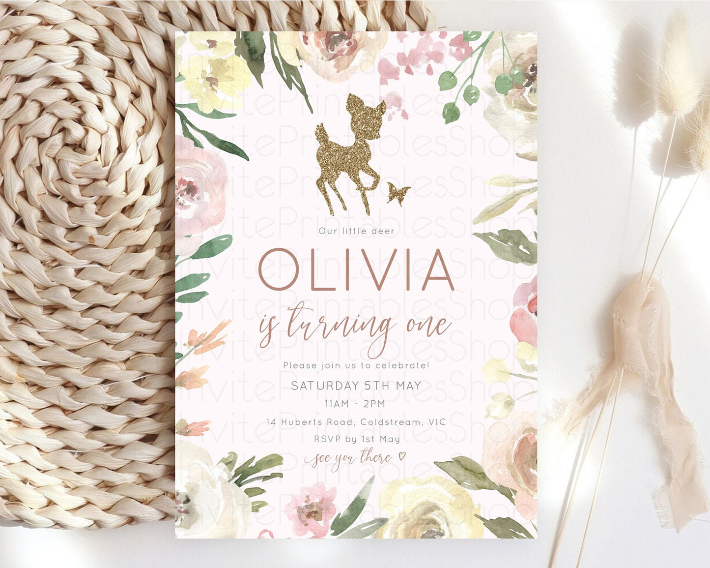 Fawn Birthday Invitation Deer Birthday Invitation Enchanted Forest Party Butterfly Pastel Flowers Whimsical 2nd 1st First Birthday D10193