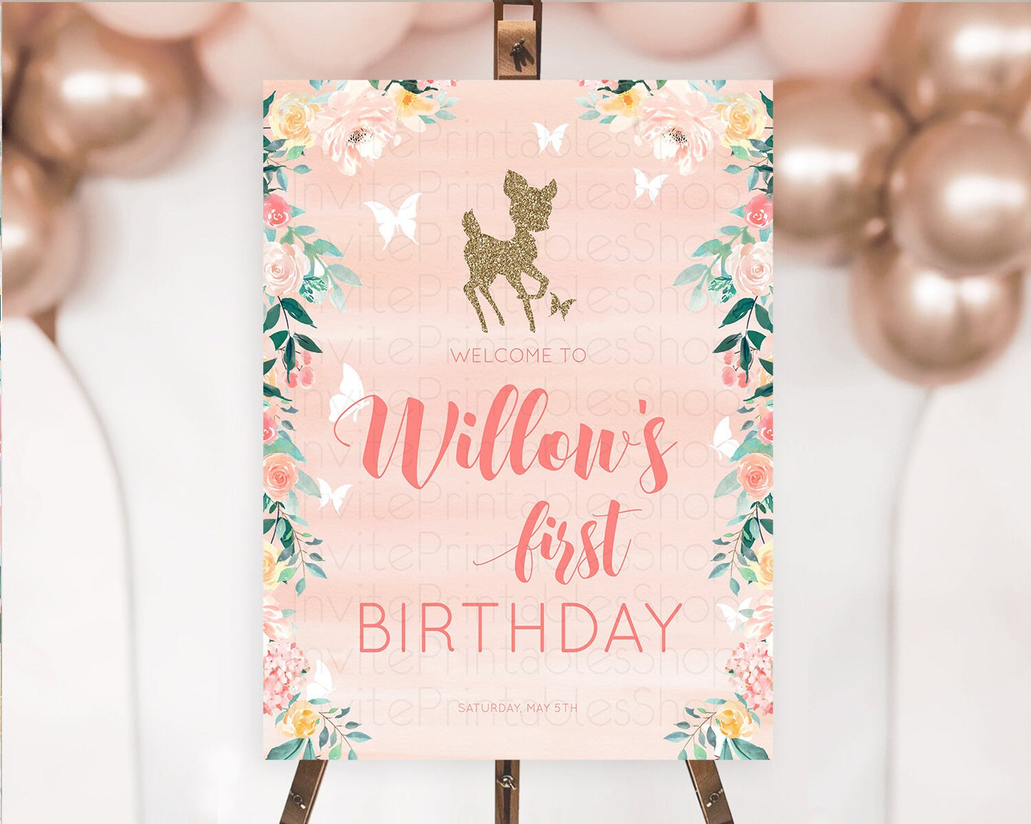 Fawn Welcome Sign Deer Welcome Board Floral Deer Welcome Poster Enchanted Forest Butterfly Pastel Floral First Birthday Welcome Sign D10873