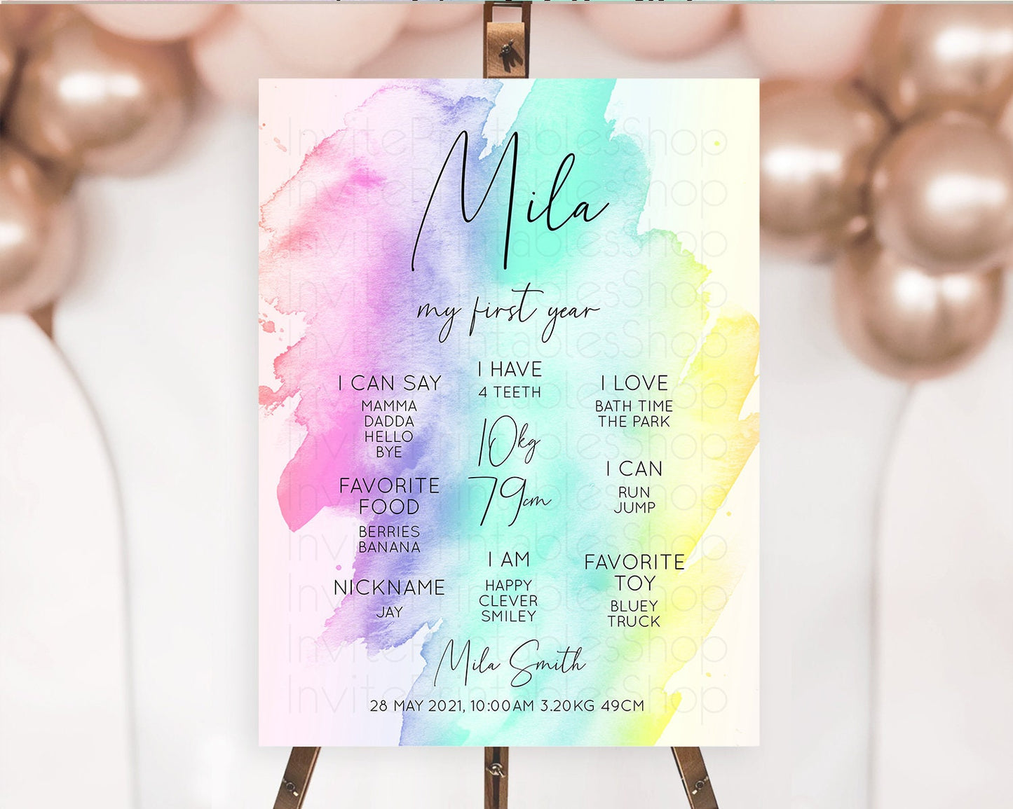 Pastel First Birthday Milestone Board Pastel Rainbow Milestone Poster Colorful Confetti Watercolor Glitter 1st Birthday Welcome Sign D10231