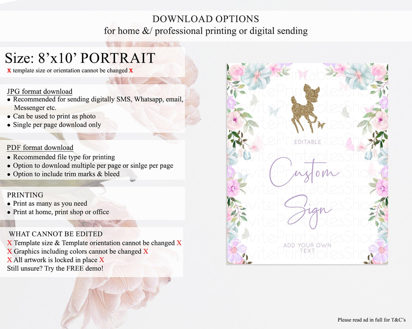 Fawn Deer Sign Pastel Floral Deer Table Sign Decor Enchanted Forest Butterfly Party 1st Birthday Baptism Baby Shower Bridal Shower D10476