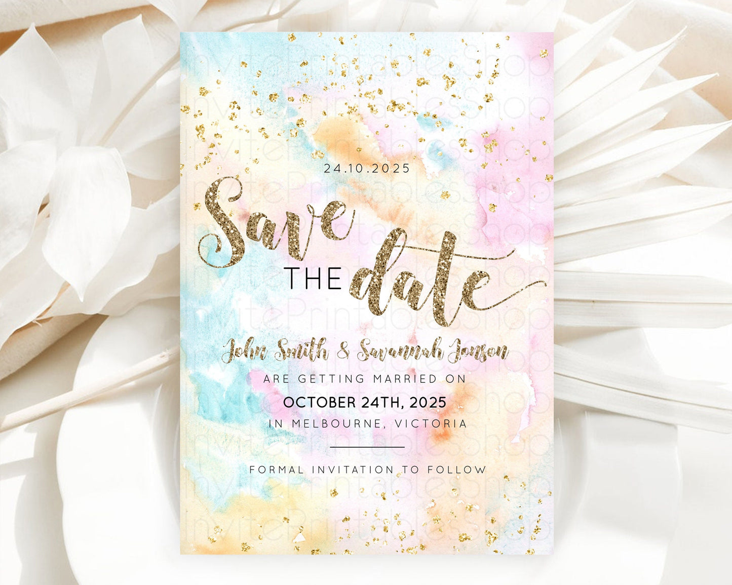 Pastel Save The Date Template Pastel Ombre Rainbow Watercolor Colorful Party For Birthday Baptism Baby Shower Wedding Bridal Shower D10548