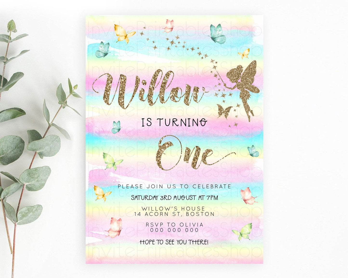 Pastel Fairy Birthday Invitation Pastel Butterflies Fairy Birthday Invitation Rainbow Ombre Watercolor 1st 2nd Birthday Invitation D23312