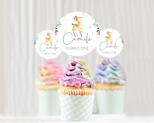 Fawn Cupcake Toppers Deer Cupcake Toppers Enchanted Forest Party Butterfly Pastel Flowers Woofland Cupcake Toppers First Birthday D10753