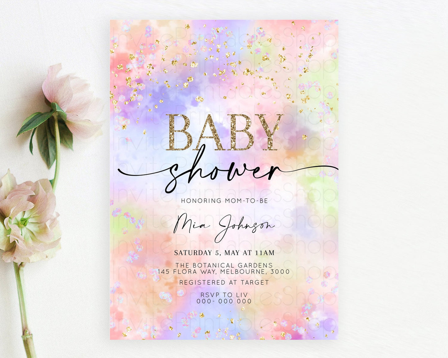 Pastel Baby Shower Invitation Rainbow Baby Shower Invitation Colorful Pastel Watercolor Invitation Gold Glitter Sprinkles Ombre D10610