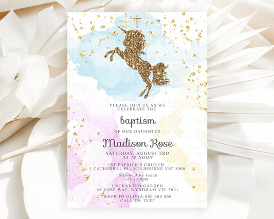 Editable Unicorn Rainbow Baptism Invitation Pastel Baptism Birthday Invitati