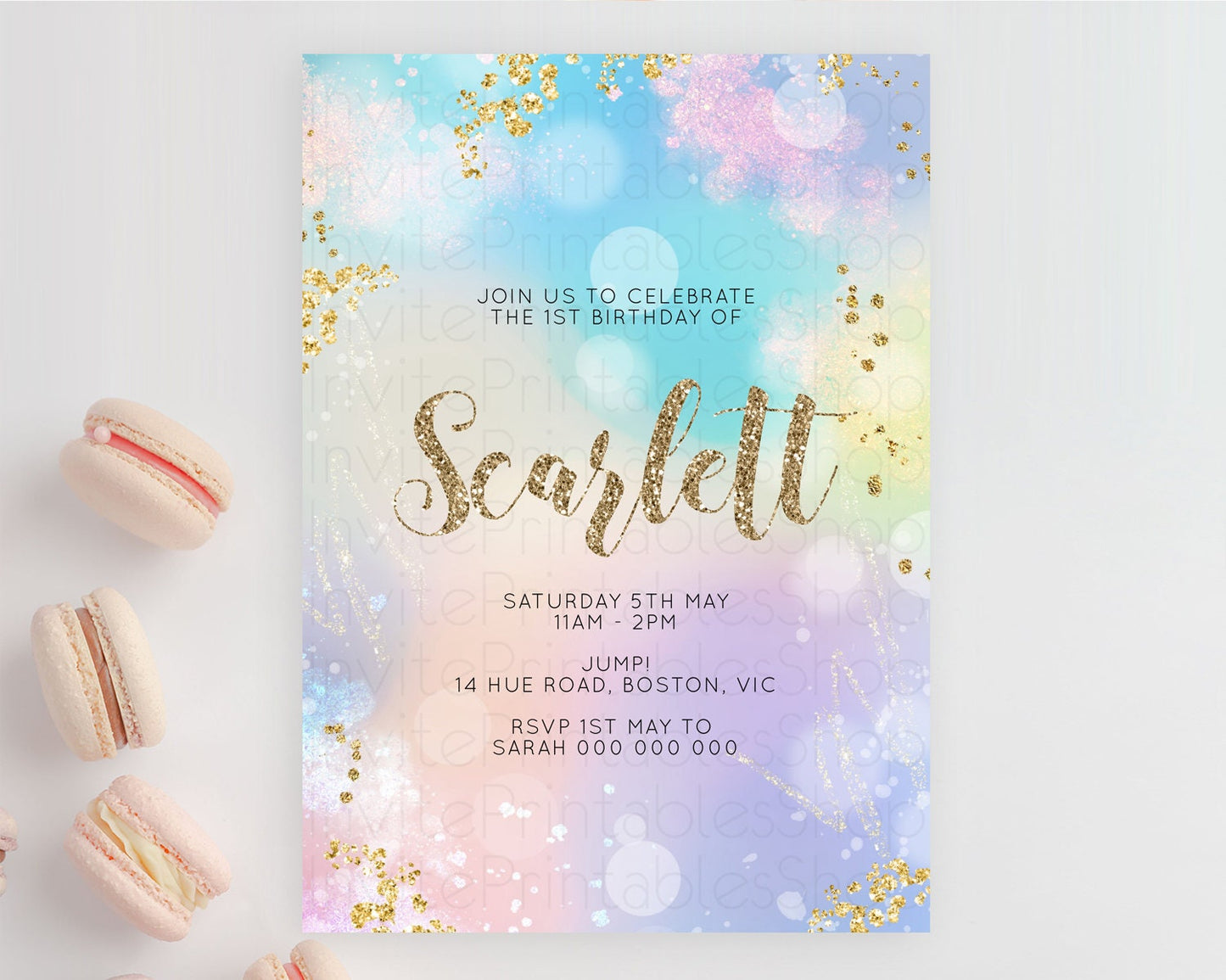 Rainbow Birthday Invitation Colorful Pastel Watercolor Invitation Gold Glitter Sprinkles Ombre Pastel 1st 2nd 3rd Birthday D10677