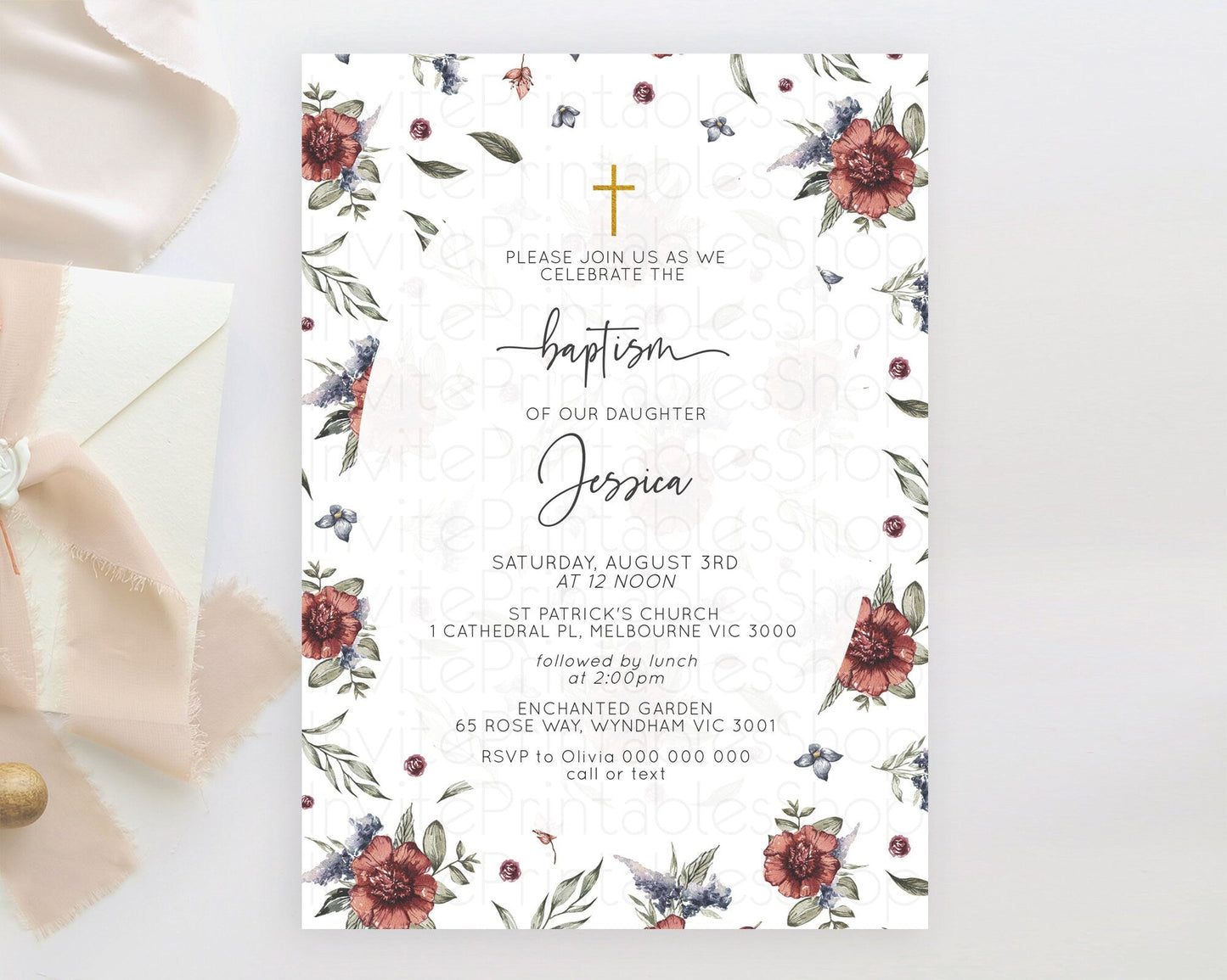 Secret Garden Baptism Invitation Wildflower Baptism Birthday Invite Pastel Flowers Christening Invite Enchanted Garden Boho Floral D10503