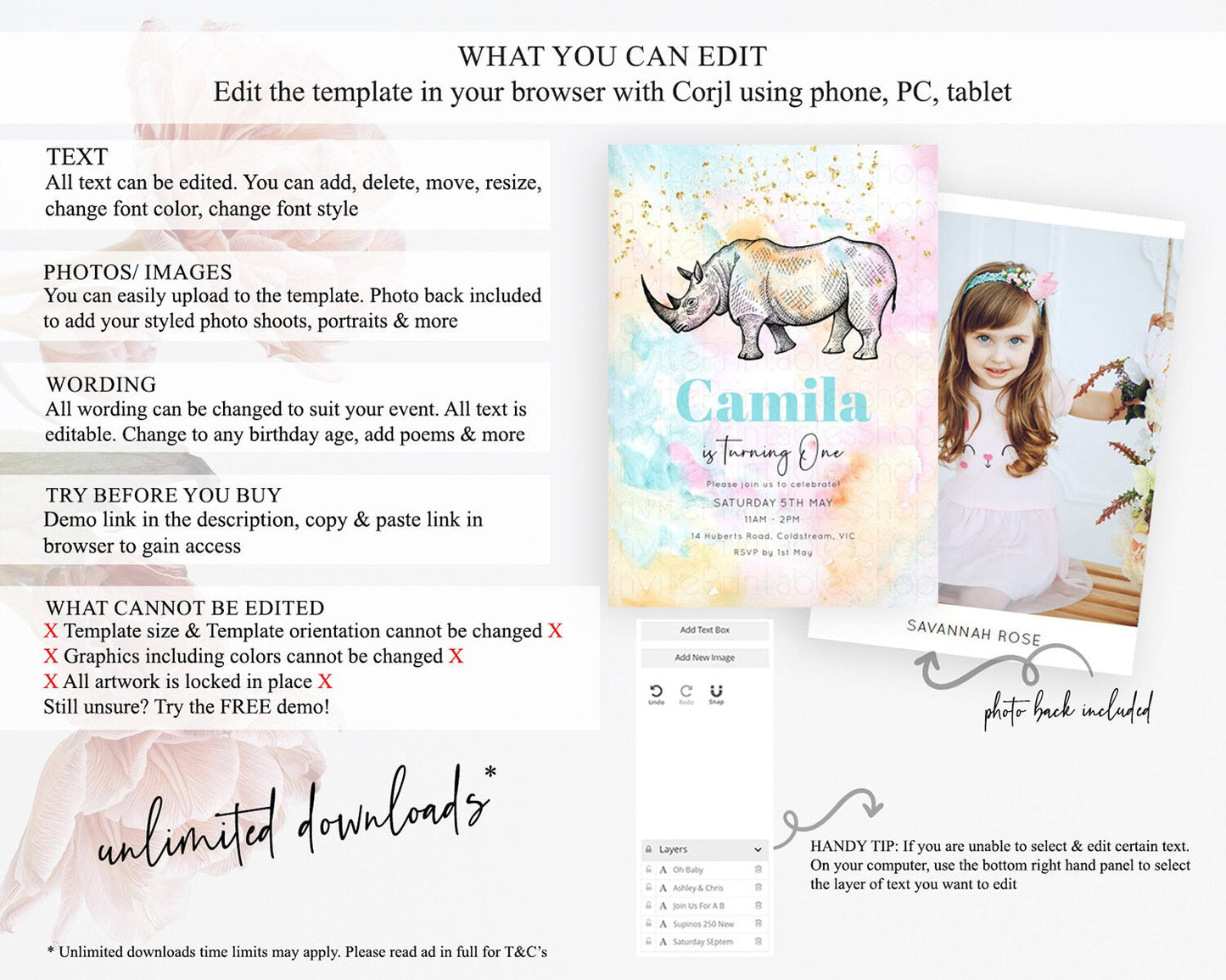 Rhino Birthday Invitation Rhino Invitation Rhino Birthday Pastel Watercolor Rhino Invitation Rainbow Rhino Party First Birthday D10287