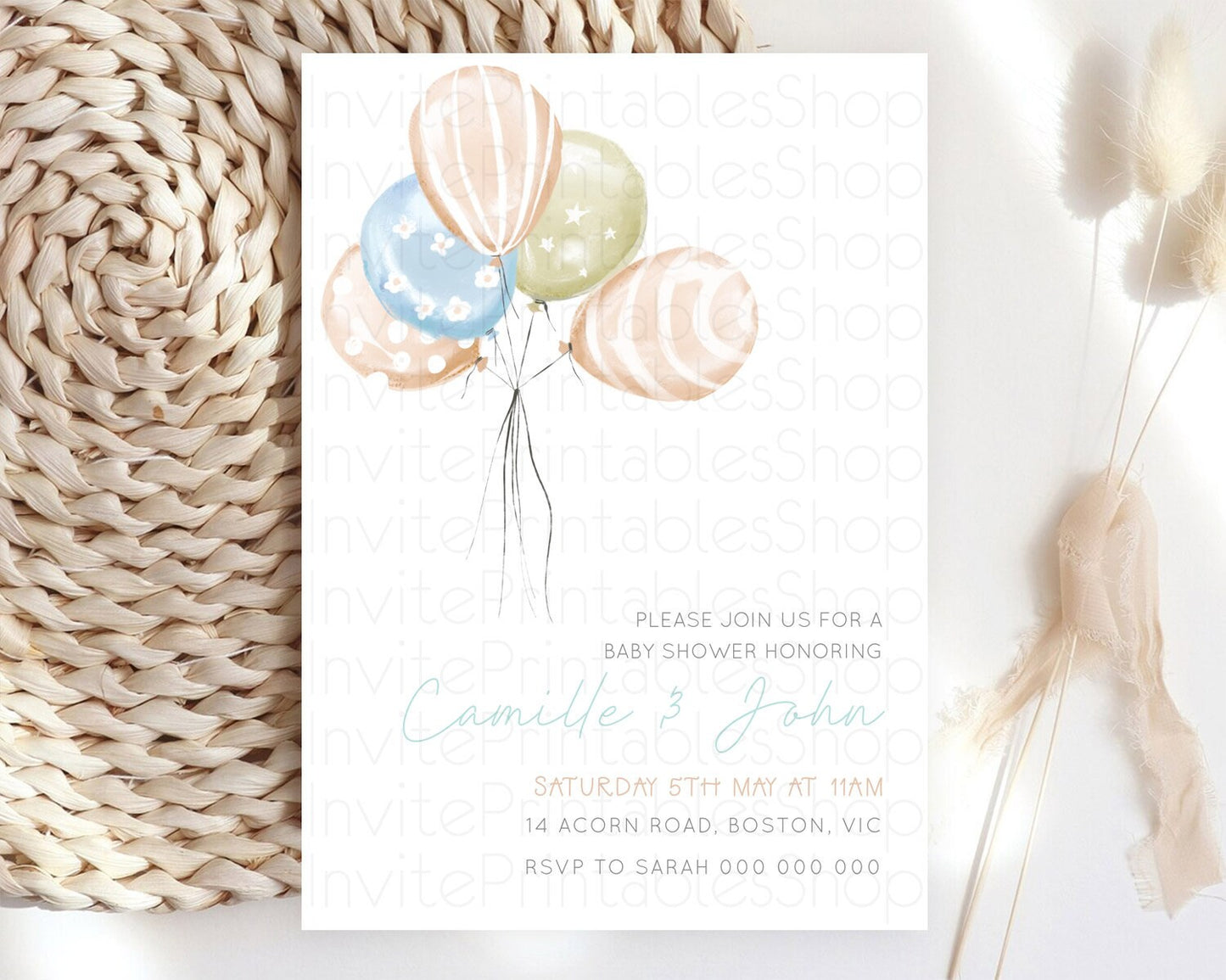 Pastel Balloon Baby Shower Invitation Pastel Balloon Pink Blue Gold Invitation Colorful Pastel Rainbow Balloon Baby Shower Theme d22999