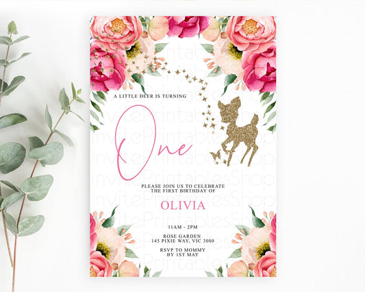 Fawn Birthday Invitation Deer Birthday Invitation Enchanted Forest Party Butterfly Pastel Flowers Whimsical 2nd 1st First Birthday D10326