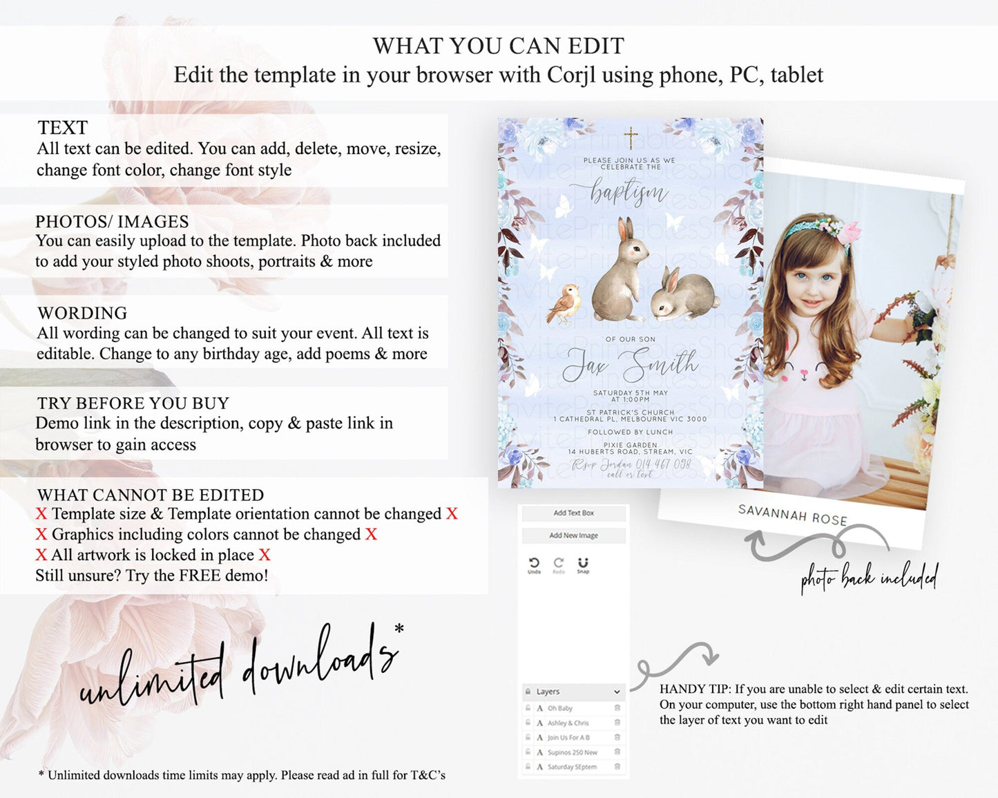 Bunny Baptism Invitation Floral Bunny Baptism 1st Birthday Invitation Pastel Bunny Christening Invite Watercolor Forest Bunny Party D10923