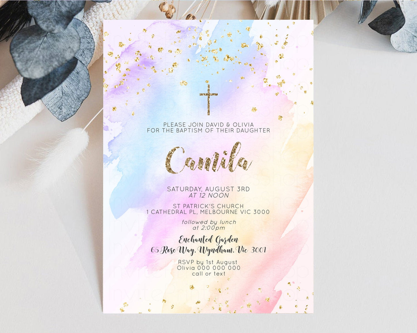 Rainbow Baptism Invitation Pastel Christening Invitation Holy Communion Invitation Glitter Watercolor Splash Invitation Colorful Invite g600