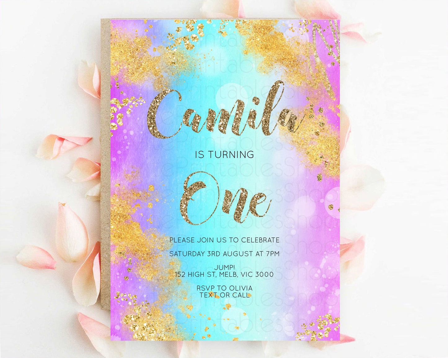 Rainbow Birthday Invitation Colorful Pastel Watercolor Invitation Gold Glitter Sprinkles Ombre Pastel 1st 2nd 3rd Birthday D10564