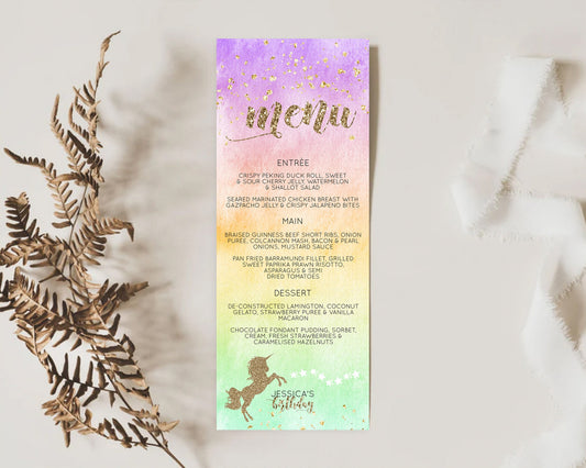 Unicorn Rainbow Menu Template Pastel Unicorn Menu Magical Ombre Unicorn Table Decor Colorful Watercolor Dinner Dessert Food Menu D10513