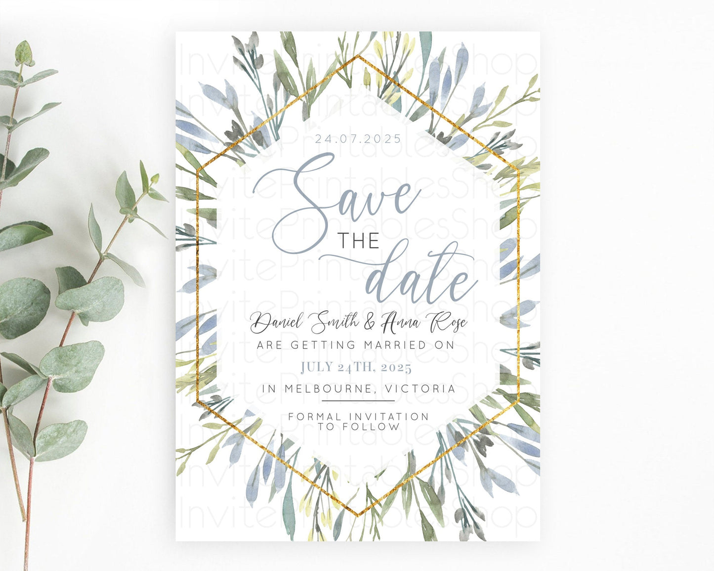 Green Leafy Save The Date Template Eucalyptus Fern Leaves Watercolor Boho Garden Leaf Branch Party 1st Birthday Baptism Baby Shower D10532