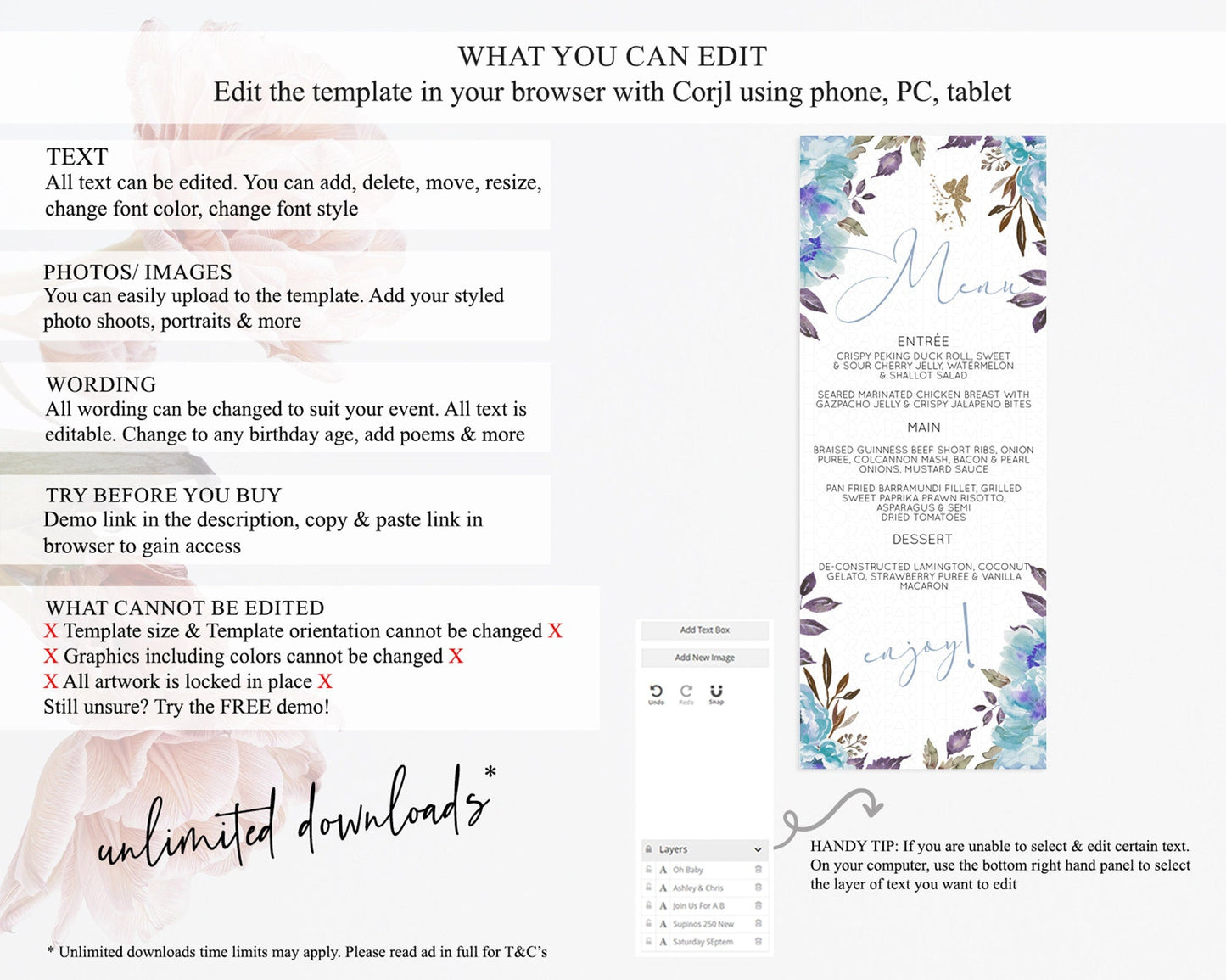 Fairy Menu Fairy Menu Template Enchanted Garden Pastel Floral Butterfly Table Decor Fairy Secret Garden Dinner Dessert Food Menu D10728