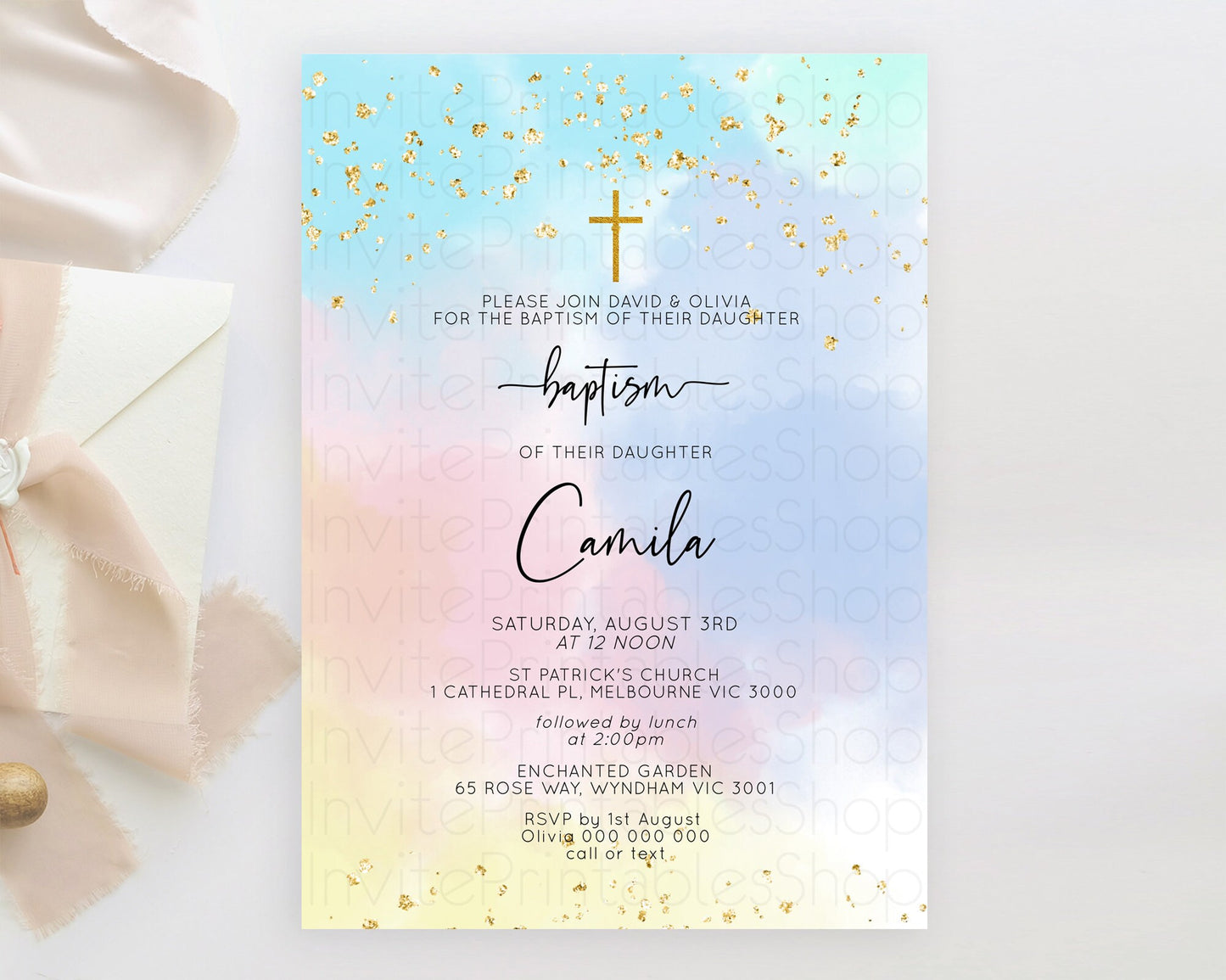 Pastel Baptism Invitation Pastel Colors Watercolor Baptism 1st Birthday Party Gold Ombre Pastel Rainbow Christening Holy Communion D10892