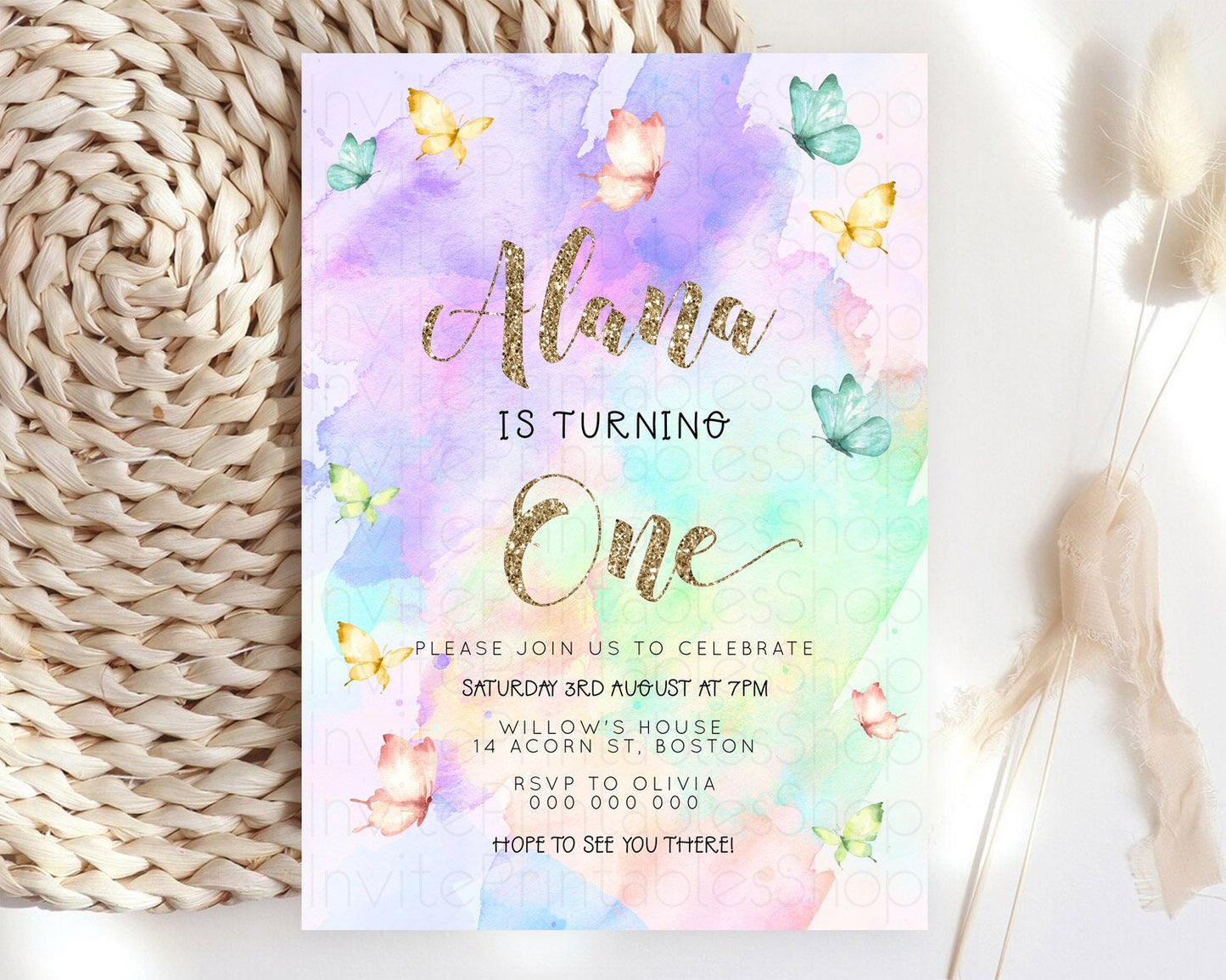 Pastel Butterfly Birthday Invitation Butterfly Birthday Invitation Colorful Splash Glitter Butterfly Garden 1st 2nd Birthday D23250