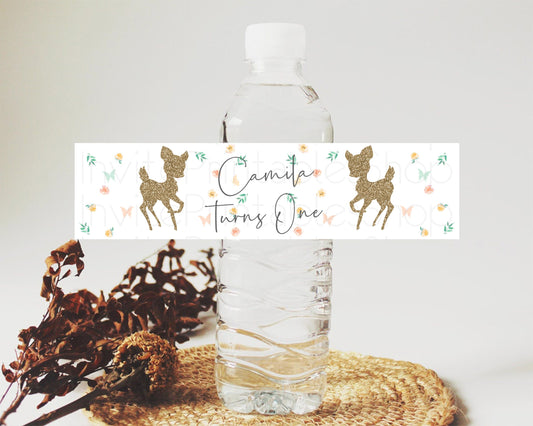 Fawn Deer Water Label Template Pastel Floral Deer Enchanted Forest Butterfly Party Decor Birthday Baptism Baby Shower Bridal Shower D10355