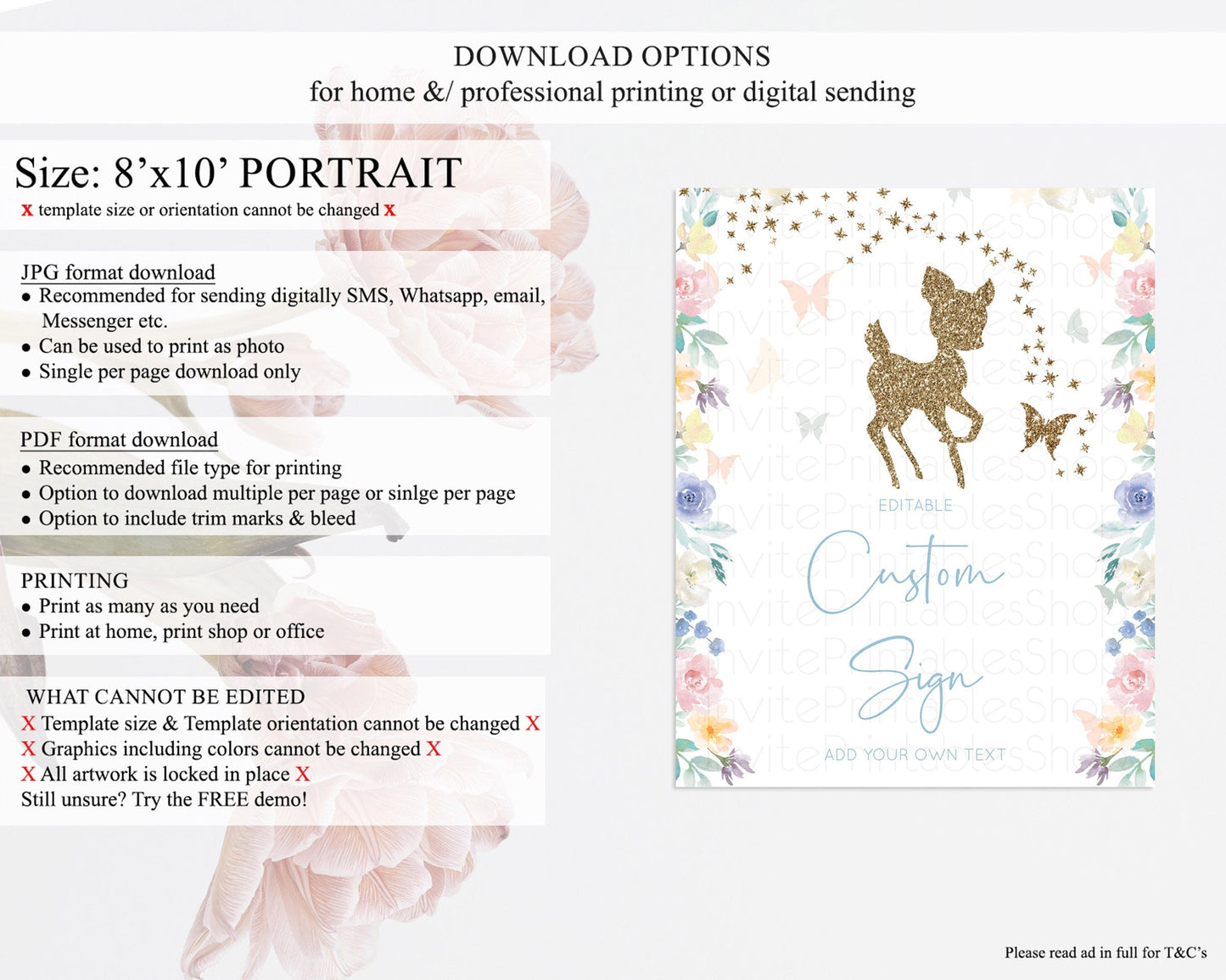 Fawn Deer Sign Pastel Floral Deer Table Sign Decor Enchanted Forest Butterfly Party 1st Birthday Baptism Baby Shower Bridal Shower D10878