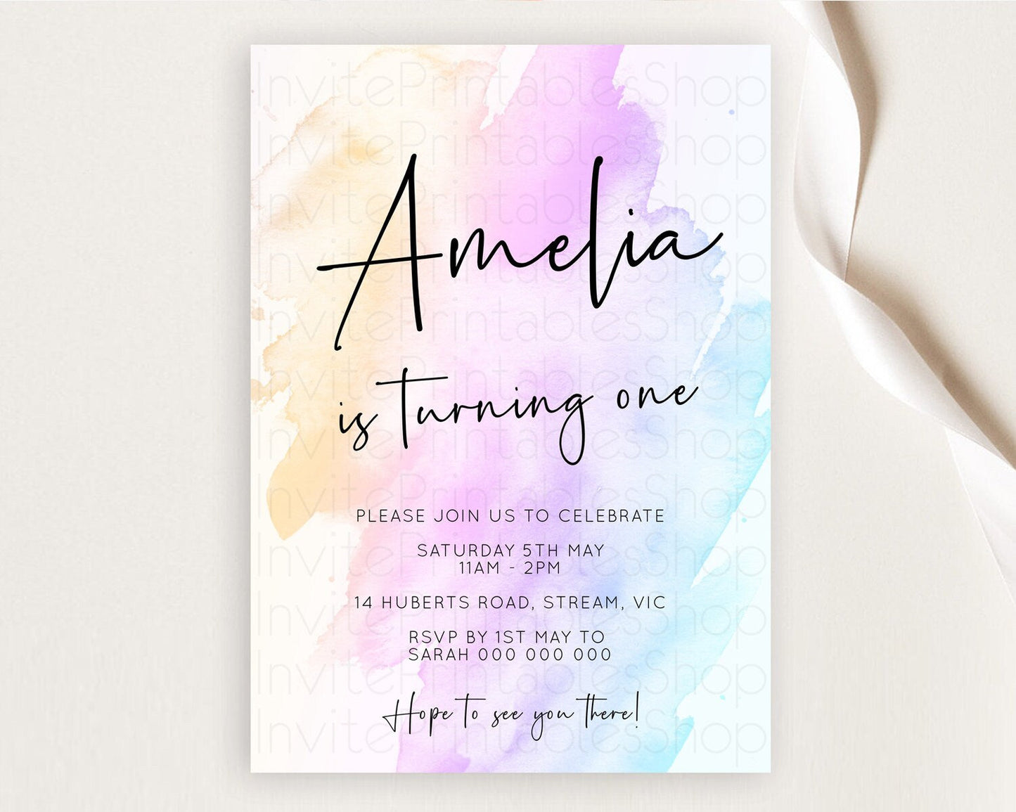 Rainbow Birthday Invitation Colorful Pastel Watercolor Invitation Gold Glitter Sprinkles Ombre Pastel 1st 2nd 3rd Birthday D10177