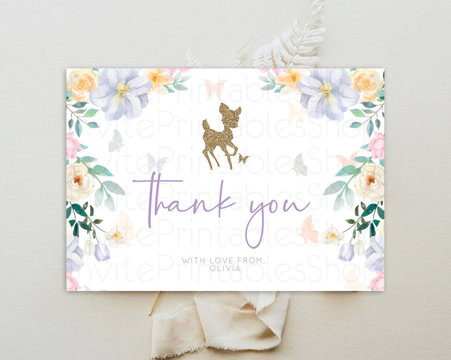 Fawn Thank You Deer Thank You Card Pastel Floral Deer Birthday Thank You Card Enchanted Forest Butterfly Deer Teacher Thank You Card D10477