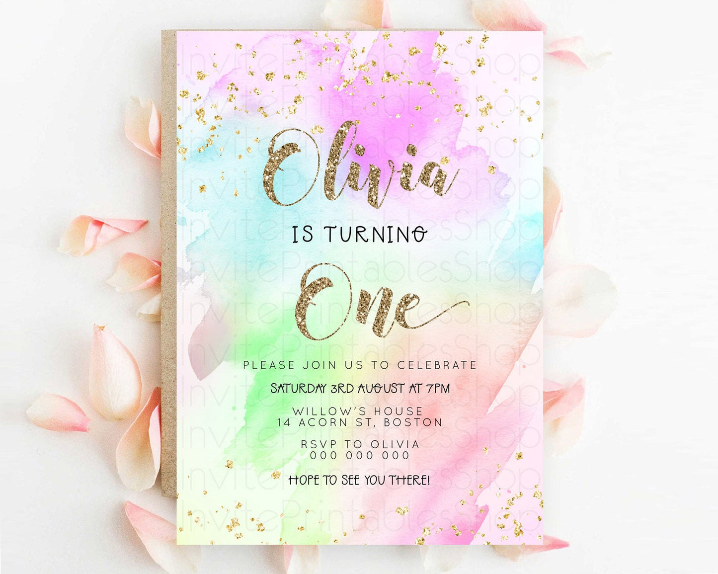 Rainbow Birthday Invitation Colorful Pastel Watercolor Invitation Gold Glitter Sprinkles Ombre Pastel 1st 2nd 3rd Birthday D23303