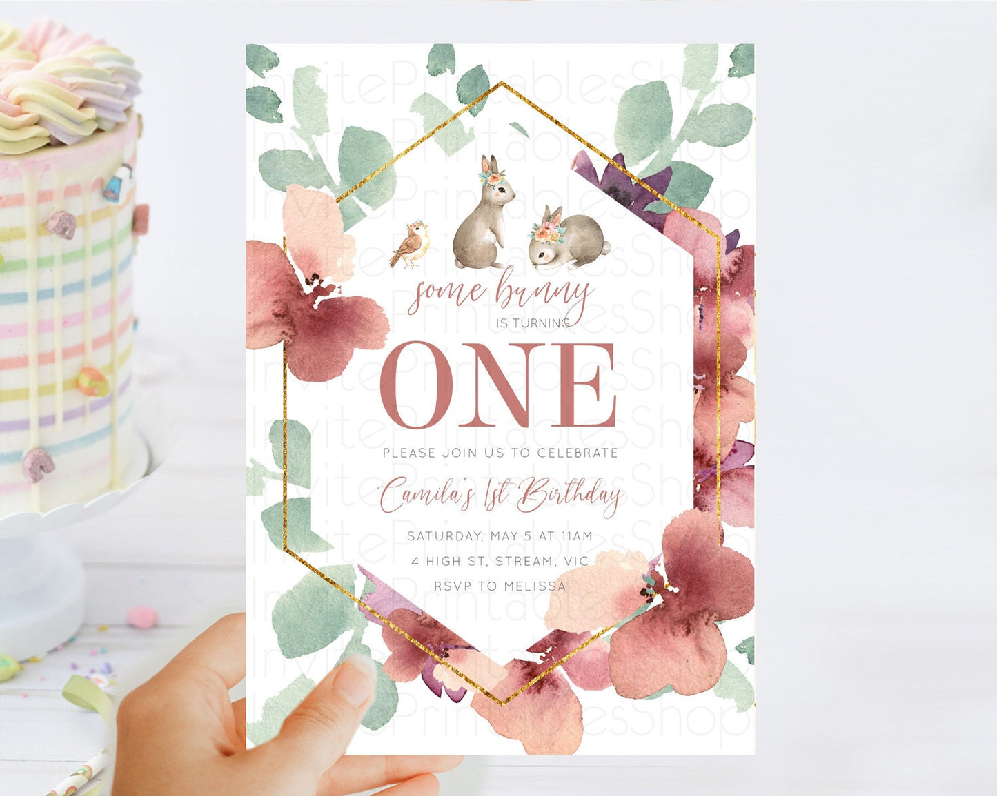 Bunny Birthday Invitation Floral Bunny Invitation Pastel Bunny Invites Pastel Watercolor Woodland Bunny Party 2nd 1st First Birthday D11033