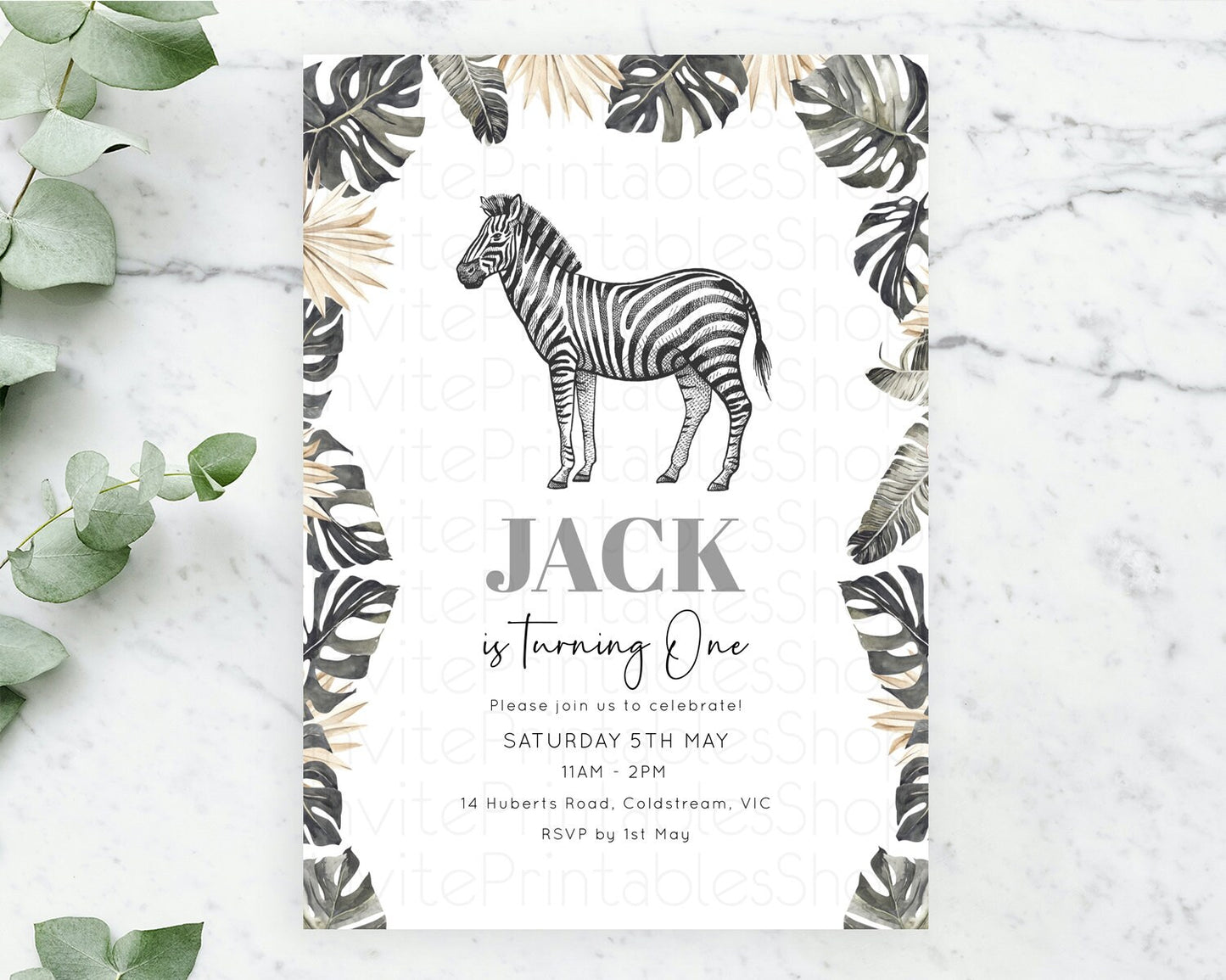 Zebra Birthday Invitation Zebra Invite Jungle Safari invite Watercolor Tropical Palm Invite Adventure Zoo Party Wild Animal Party D10824