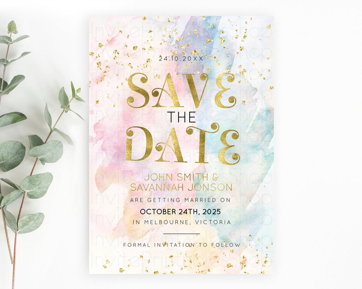 Pastel Save The Date Template Pastel Ombre Rainbow Watercolor Colorful Party For Birthday Baptism Baby Shower Wedding Bridal Shower D10835