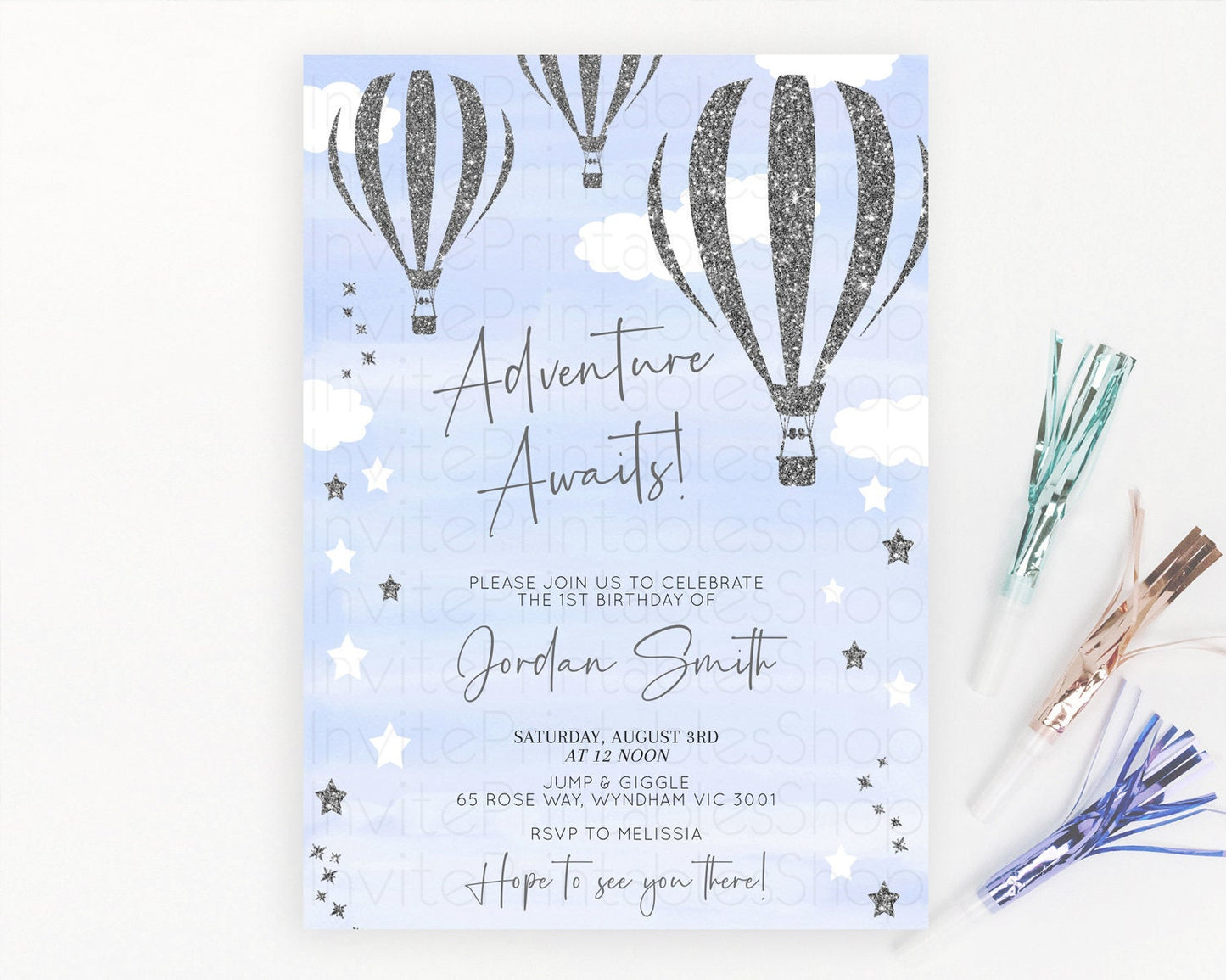 Hot Air Balloon Birthday Invitation Hot Air Balloon Invites Adventure Awaits Up Up & Away Glitter Blue Watercolor 1st Birthday Boy D10334