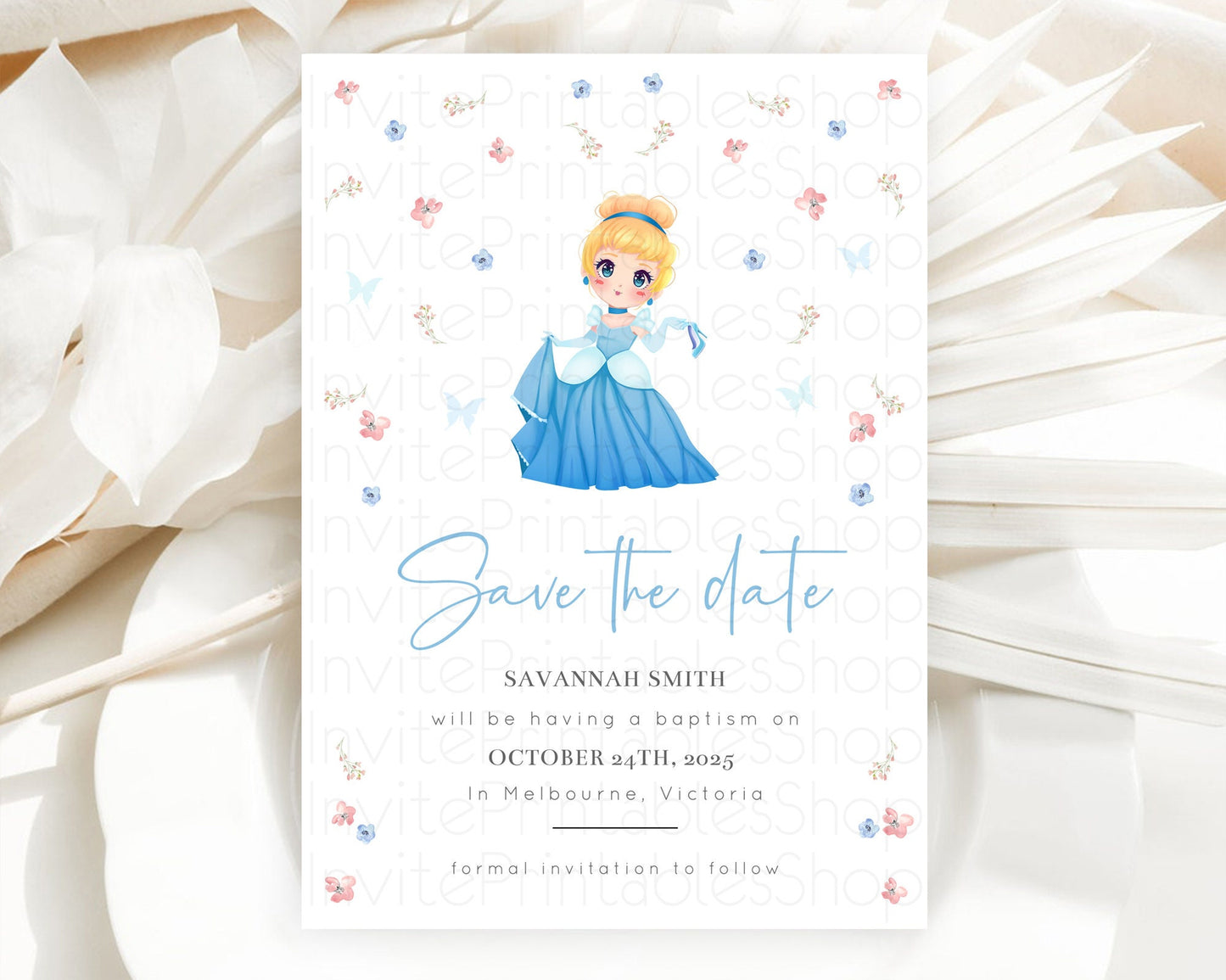 Princess Save The Date Template Secret Garden Enchanted Castle Pastel Floral Royal Party For 1st Birthday Baptism Baby Shower D10354