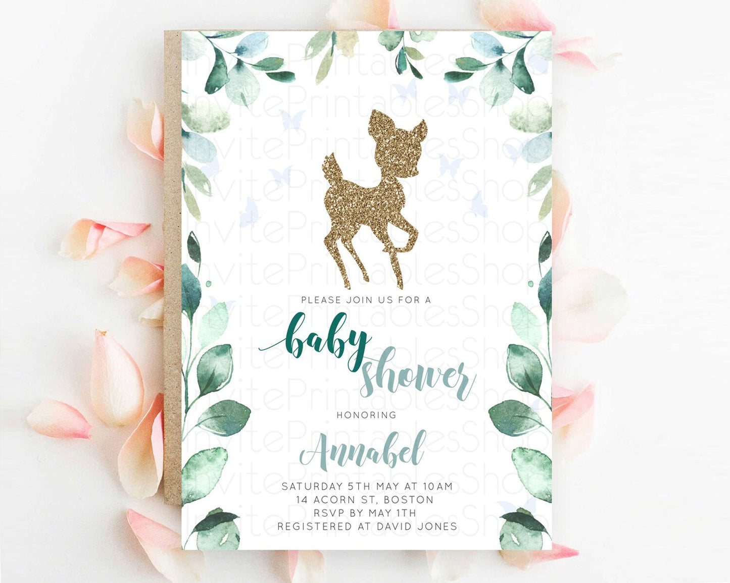 Deer Baby Shower Invitation, Woodland, Whimsical Fawn with Butterflies, Lush Greenery, Magic Glitter, Organic Leafy Vine Green Tones D10882