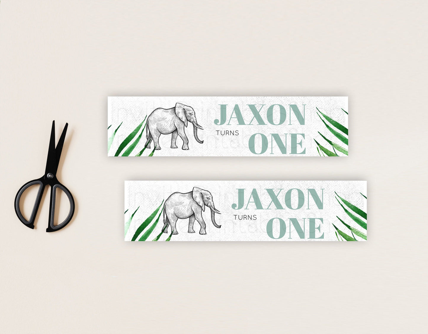 Elephant Water Label Template Elephant Safari Adventure Party Decor Dried Palm Fern Zoo Birthday Baptism Baby Shower Bridal Shower D10850