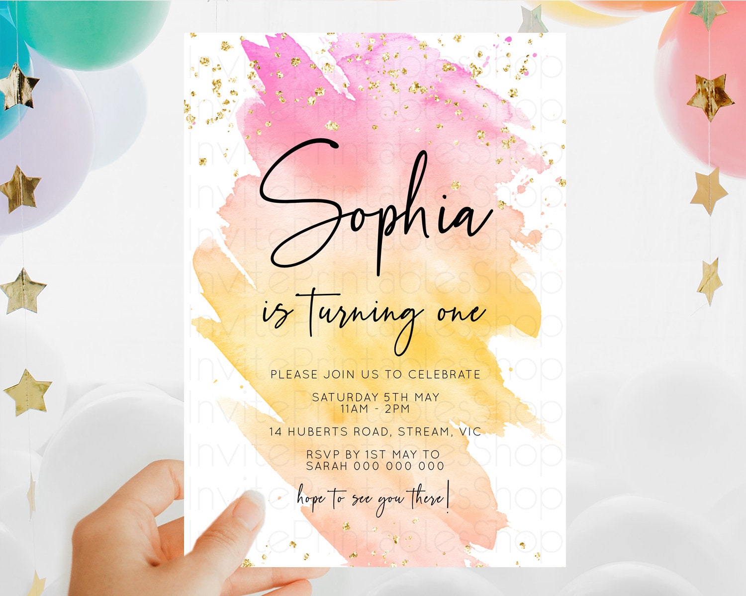 Editable Rainbow Birthday Invitation Colorful Pastel Watercolor Invitation G