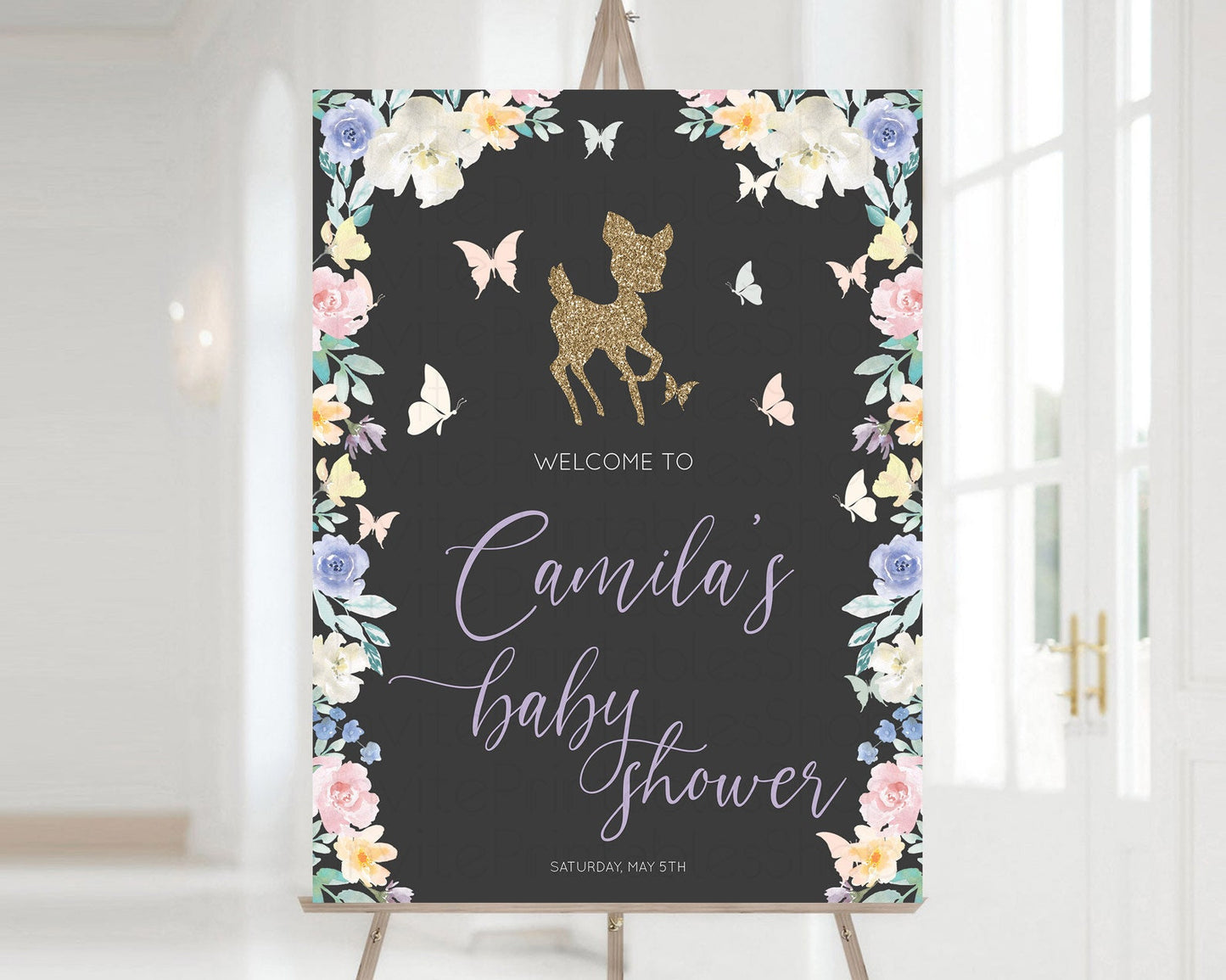 Fawn Baby Shower Welcome Sign Deer Welcome Board Floral Deer Welcome Poster Enchanted Forest Butterfly Pastel Floral Welcome Sign D10323