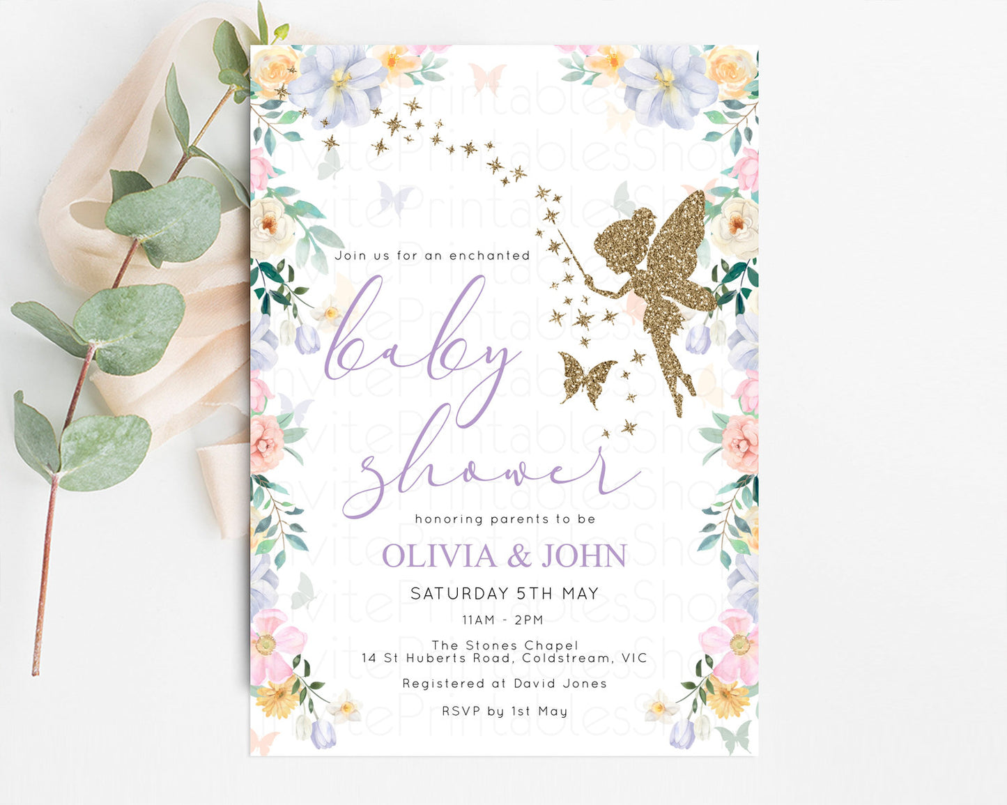 Fairy Baby Shower Invitation Fairy Garden Baby Shower Invitation Enchanted Garden Baby Shower Secret Garden Glitter Pastel Color Floral F513